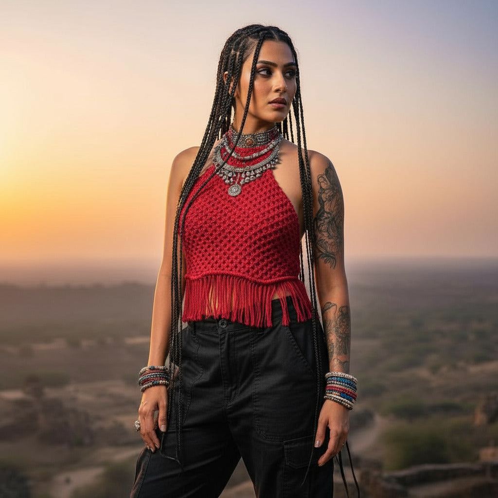Crimson Handmade Macramé Halter Crop Top for Women — 100% Cotton Fringe | Made in India