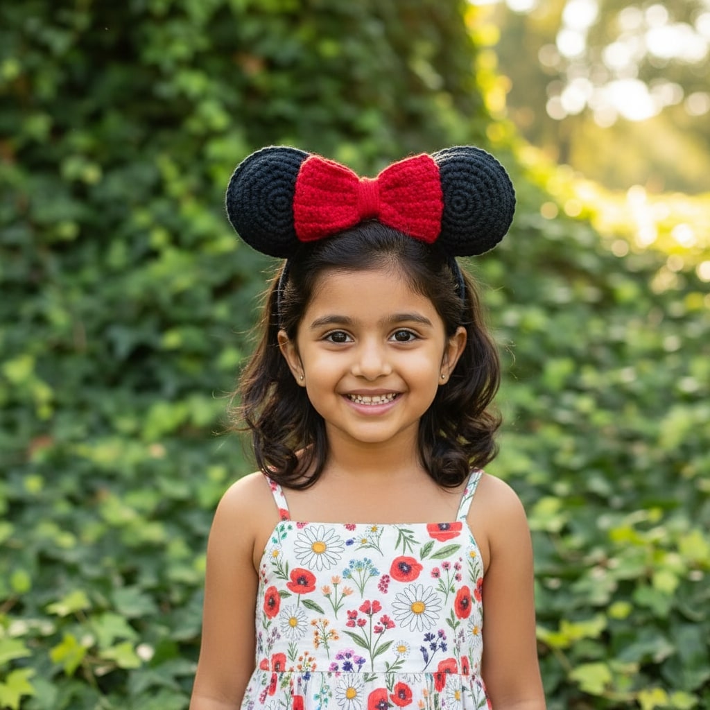 Handmade Crochet Mouse‑Ear Bow Headband for Girls | Black Ears with Red Bow