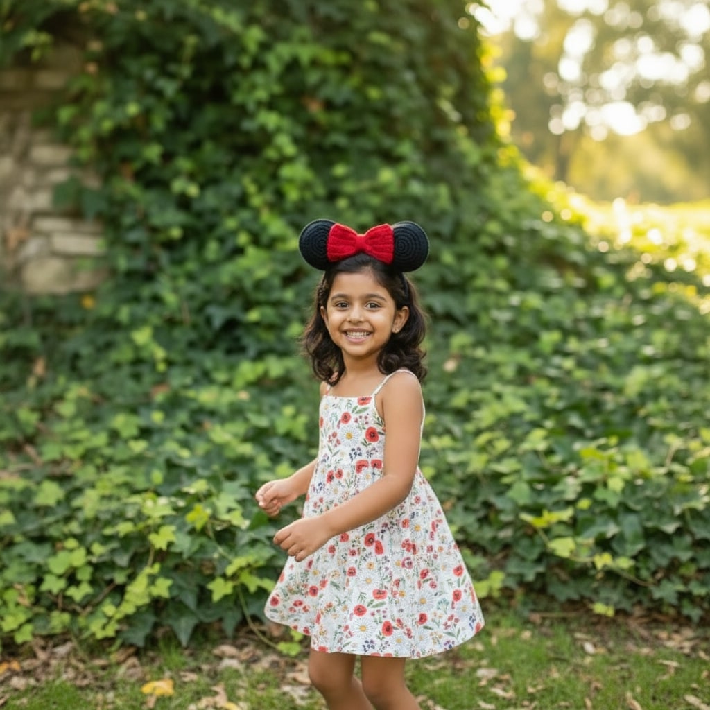 Handmade Crochet Mouse‑Ear Bow Headband for Girls | Black Ears with Red Bow