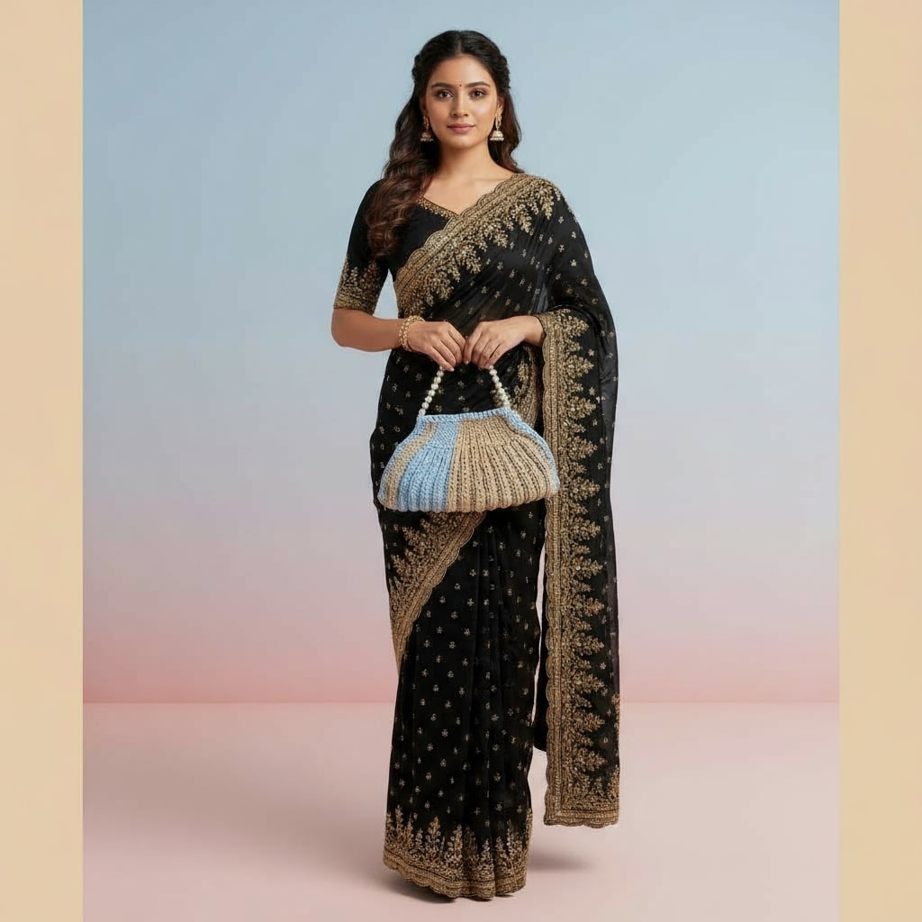 Handcrafted Crochet Handbag, Blue and Brown with Pearl Beads, Ladies Fashion Purse | Festive Handbag | Diwali Gifts