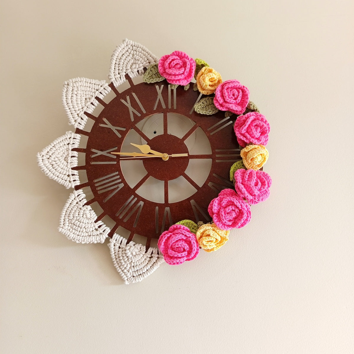 Handmade Wooden Wall Clock with Crochet Roses & Macrame Triangles, 35 cm, Roman Numerals, Diwali Home Decor & Gift, Made in India