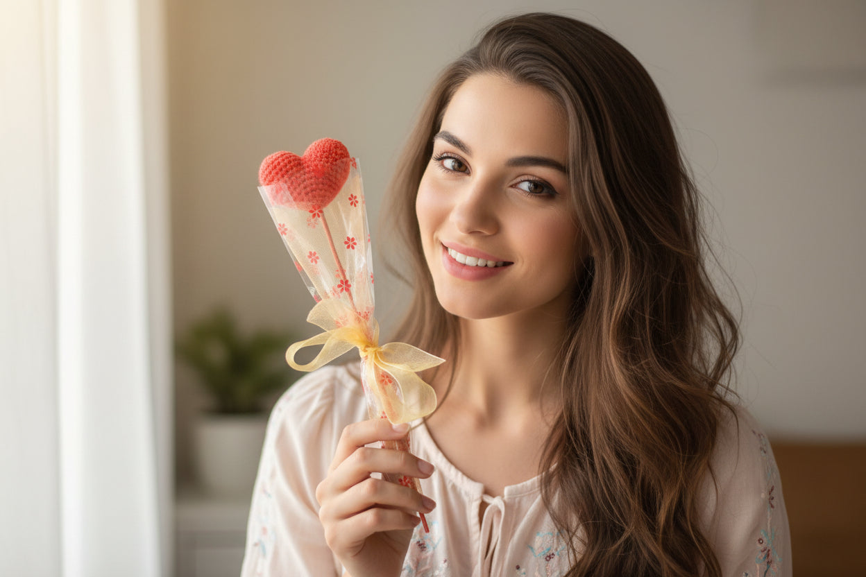Crochet Heart Flower on Stick 6.5 cm | Valentine Gift | Anniversary Birthday Cute Handmade Heart Bouquet