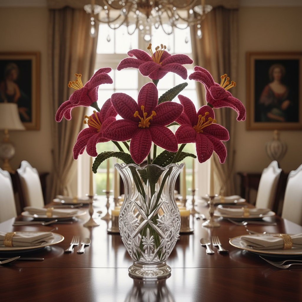 Luxury Crochet Lily Bouquet – Fuchsia Pink, Baby Pink, White and Bronze Centerpiece (Set of 2)