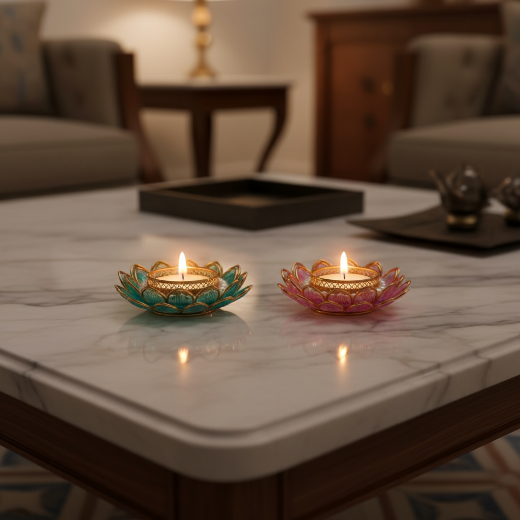 Lotus Inspired Tealight Candles Set of 2 for Diwali Decoration | Long Burning | Smokeless | Candles for Home Decor, Offices, Dining & Special Occasions | Maa Laxmi's Lotus Flower Design