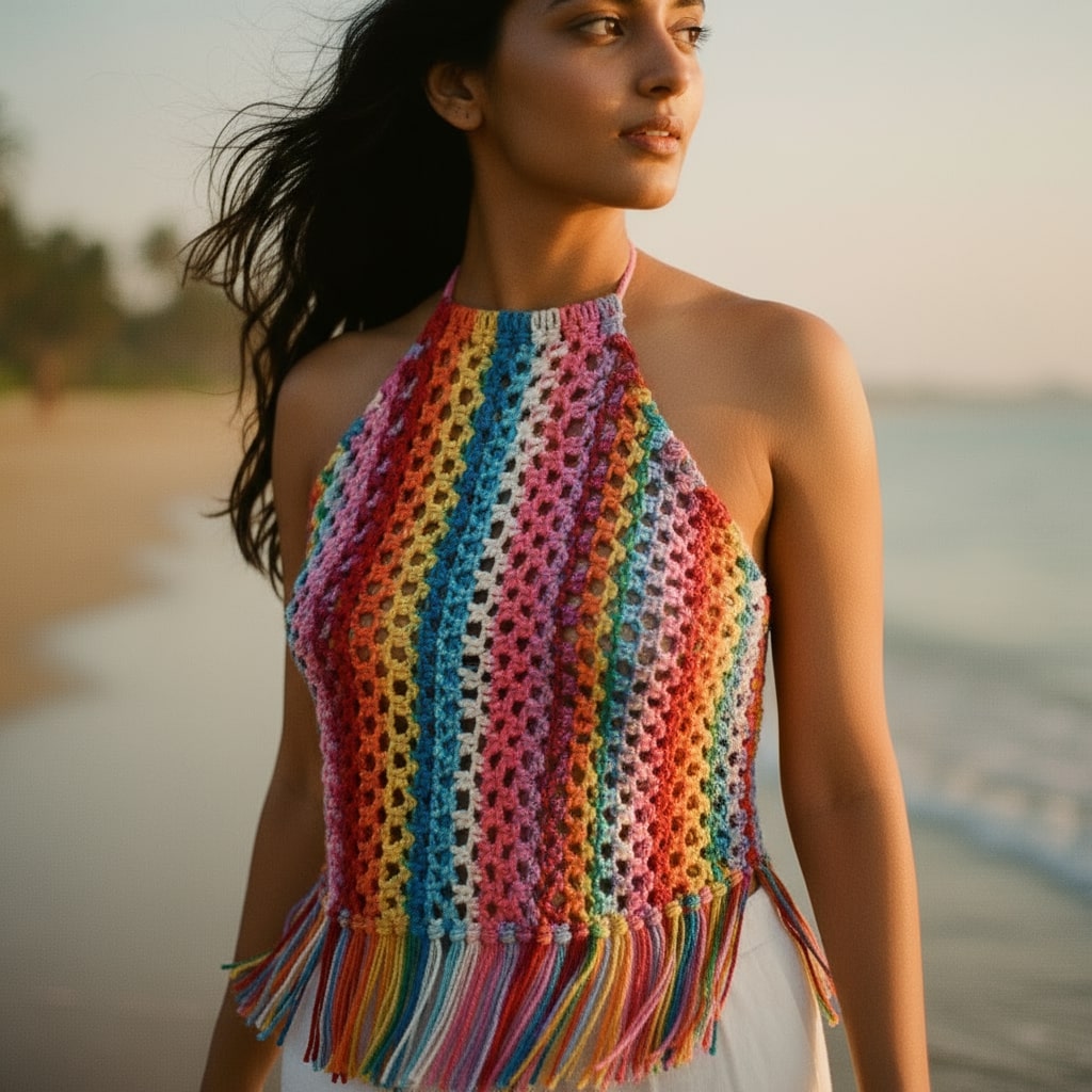 Candy Handcrafted Macrame Halter Crop Top for Women — 100% Cotton Fringe | Made in India