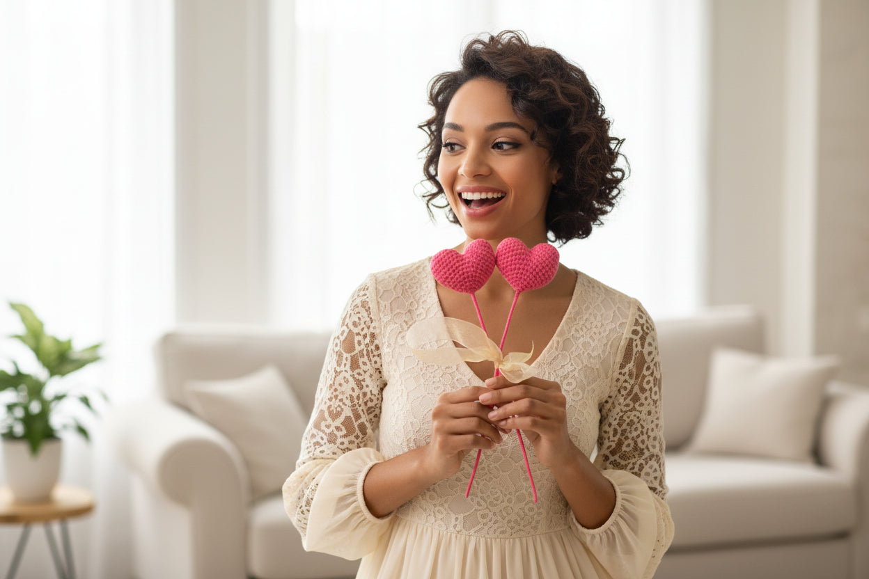 Crochet Heart Flower on Stick 6.5 cm | Valentine Gift | Anniversary Birthday Cute Handmade Heart Bouquet