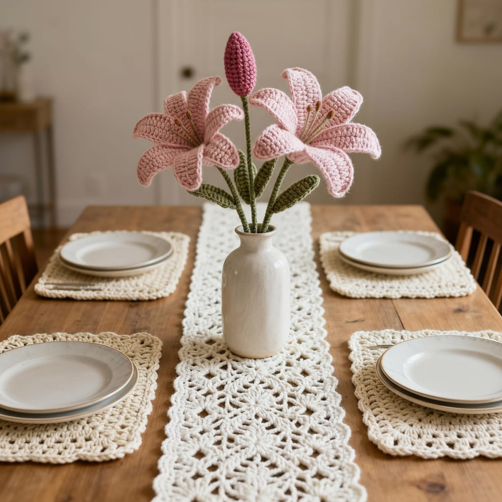 Luxury Crochet Lily Bouquet – Fuchsia Pink, Baby Pink, White and Bronze Centerpiece (Set of 2)