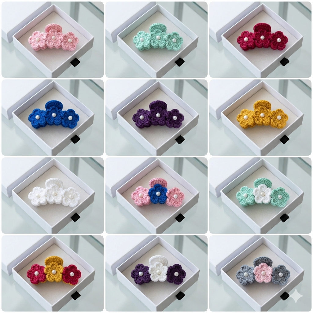 Hand-Knitted Floral Claw Clips
